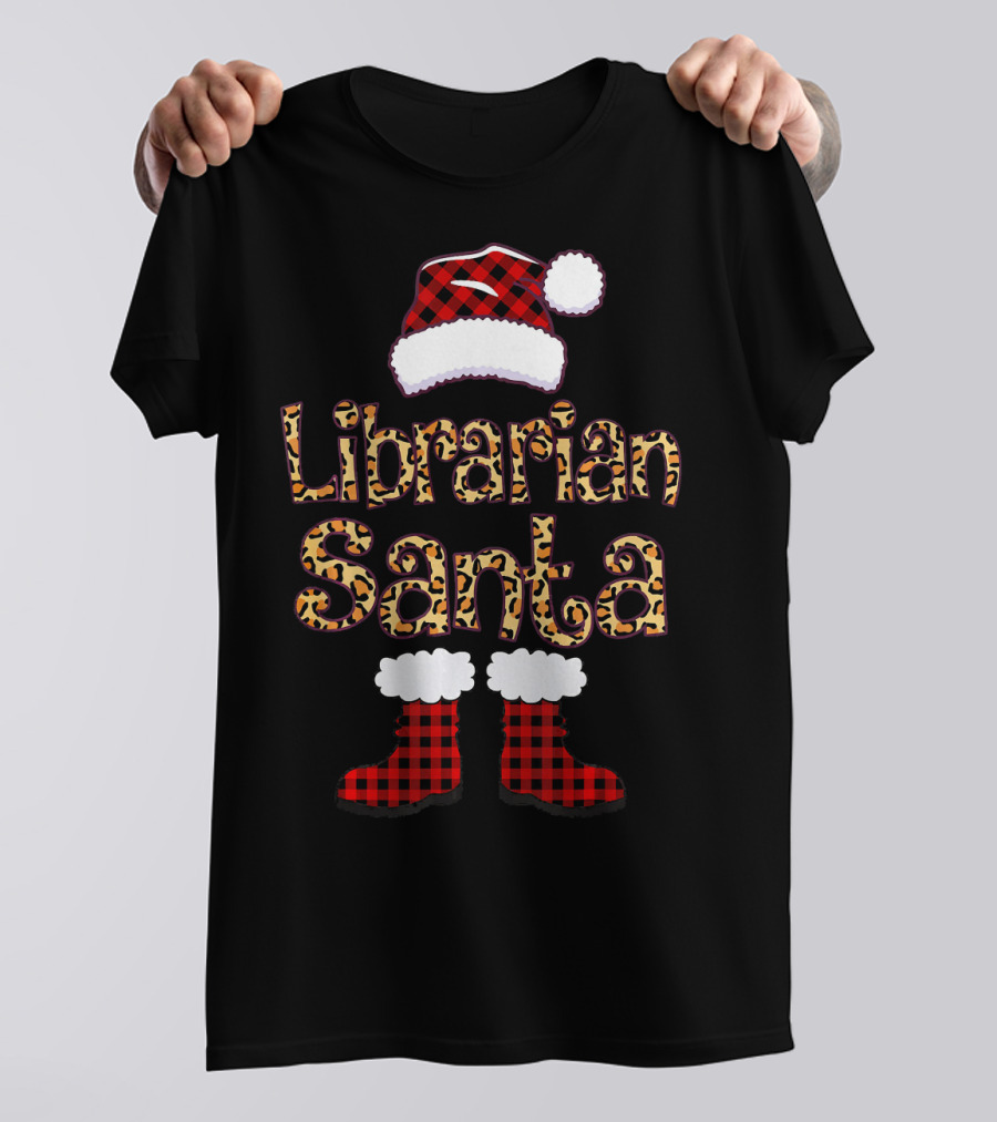 Librarian Santa Plaid Hat Leopard Boots T-Shirt