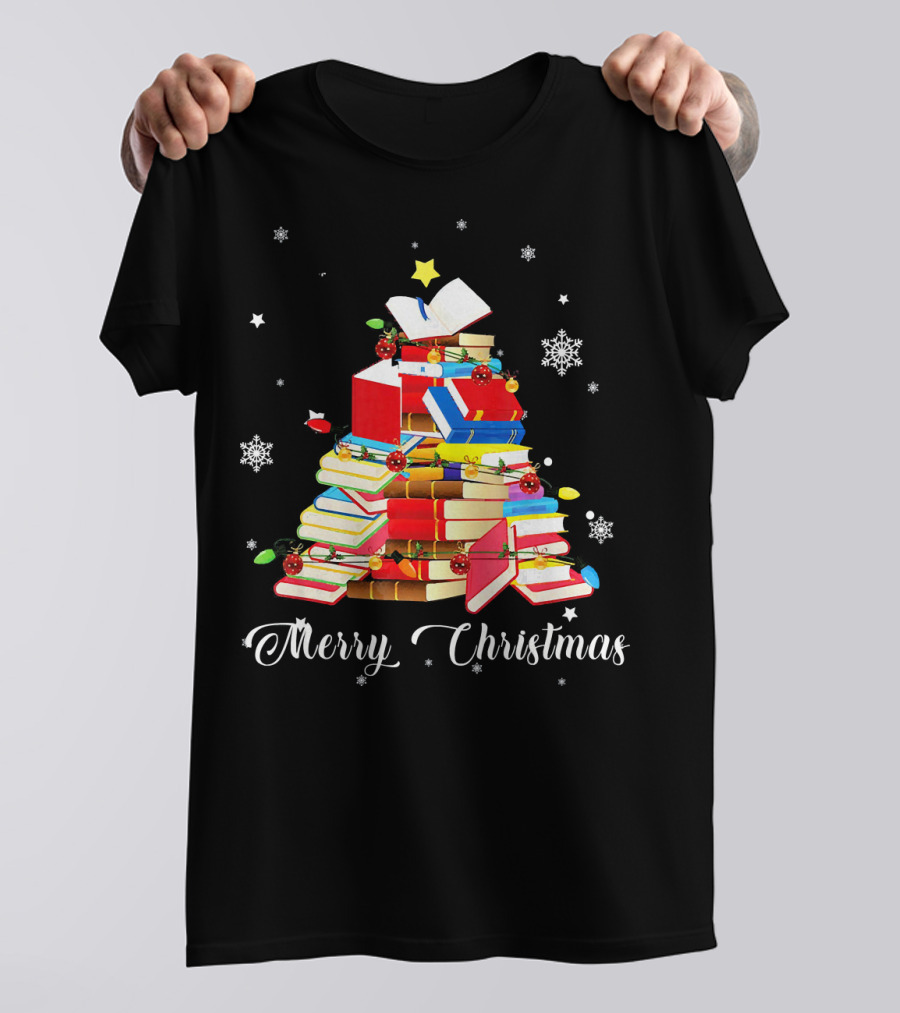Merry Christmas Book Tree With Stars And Snowflakes T-Shirt