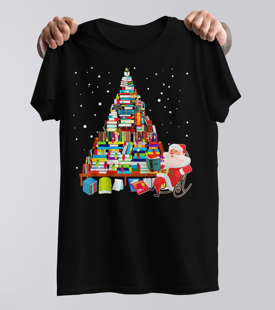 Merry Christmas Library Tree With Cute Santa And Stacked Books T-Shirt