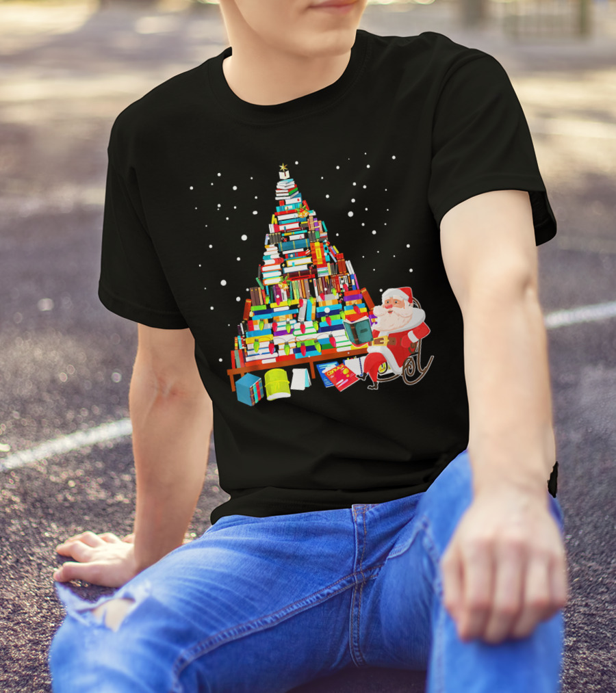 Merry Christmas Library Tree With Cute Santa And Stacked Books T-Shirt