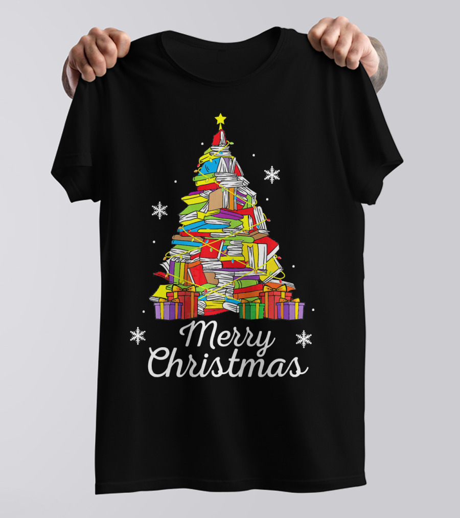 Merry Christmas Books Christmas Tree With Snowflakes And Gifts T-Shirt
