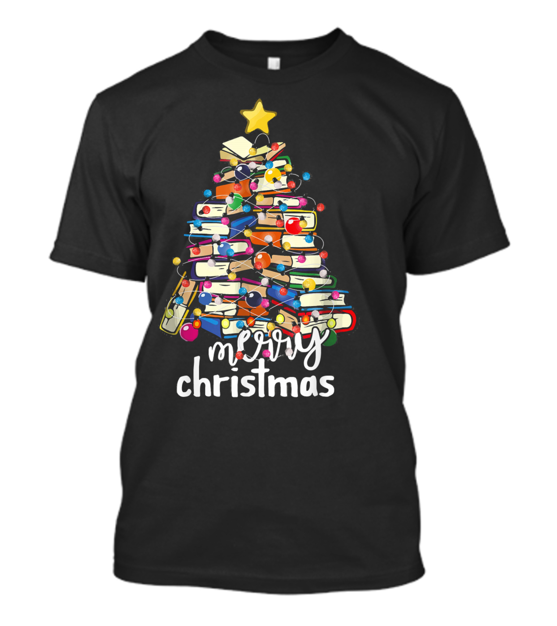 Merry Christmas Tree Made Of Stacked Books With Star And Lights T-Shirt