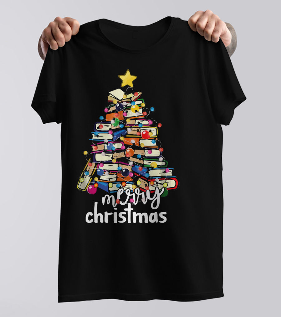Merry Christmas Tree Made Of Stacked Books With Star And Lights T-Shirt