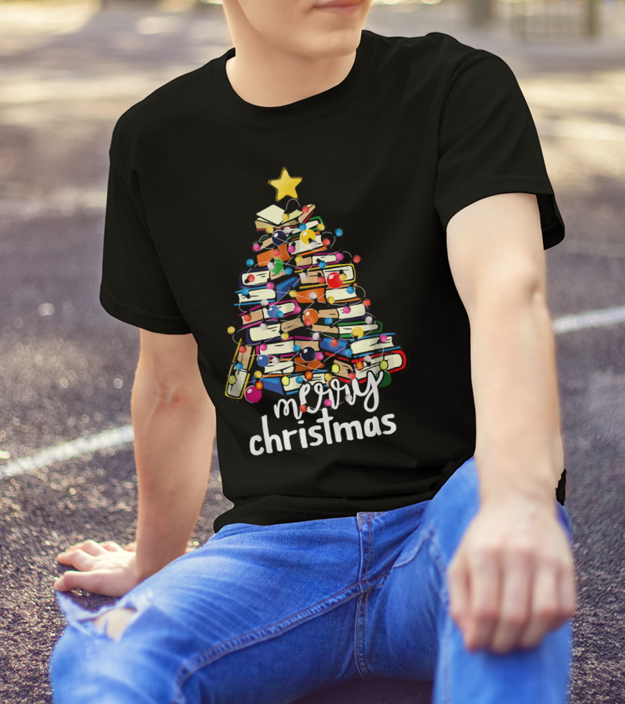 Merry Christmas Tree Made Of Stacked Books With Star And Lights T-Shirt