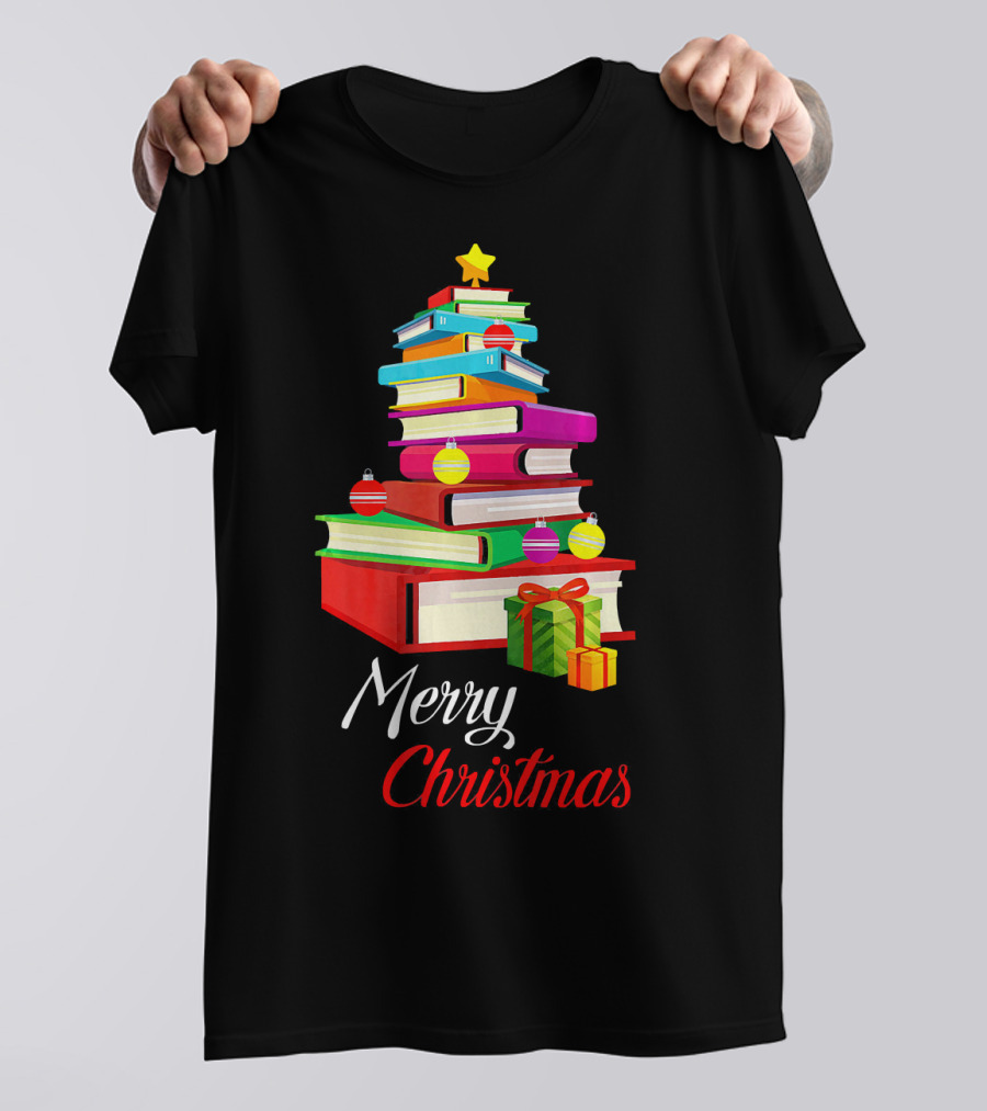 Merry Christmas Books Tree Love Reading Stack With Ornaments And Gifts T-Shirt