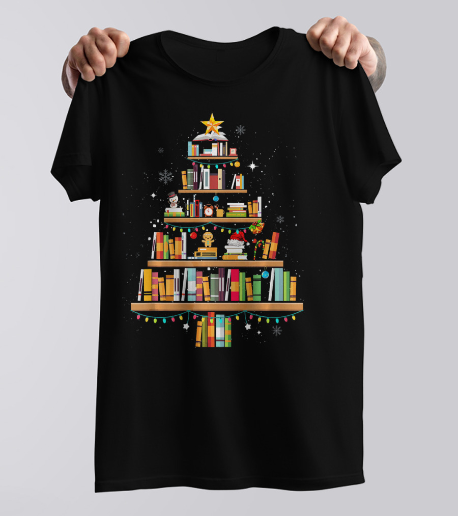 Merry Christmas Library Tree Book Lover Holiday Bookshelf T-Shirt