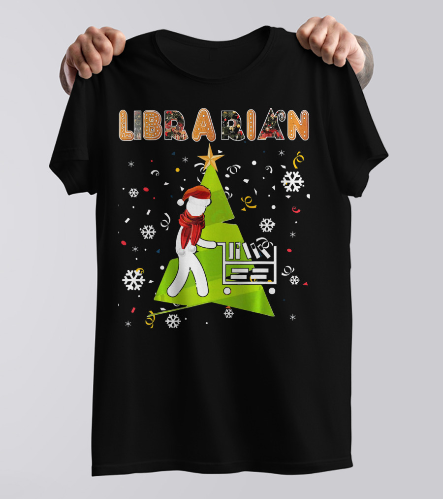 Librarian Christmas Tree Snowflakes Santa Hat T-Shirt