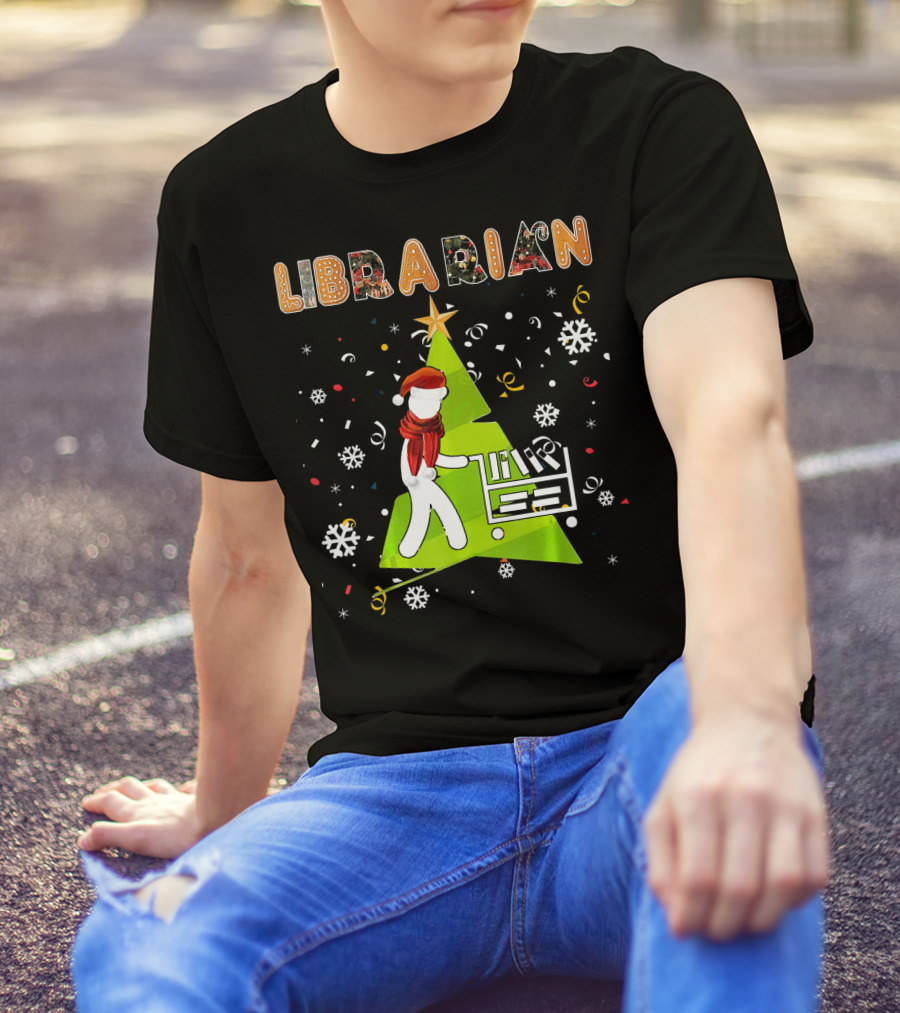 Librarian Christmas Tree Snowflakes Santa Hat T-Shirt