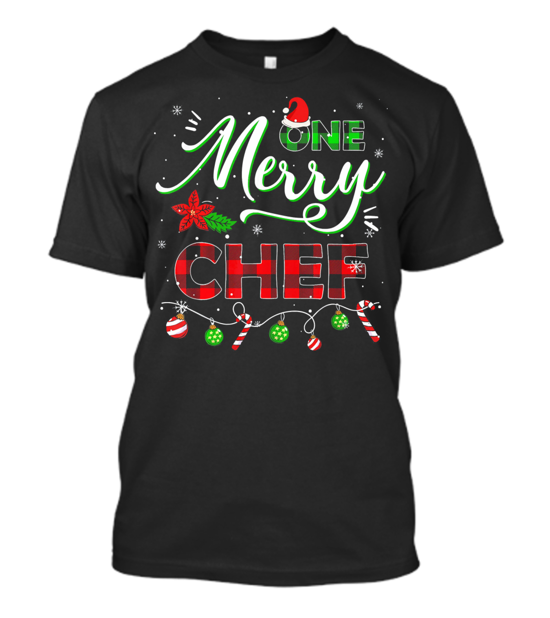 One Merry Chef Christmas Lights Santa Hat Red Plaid Candy Cane T-Shirt