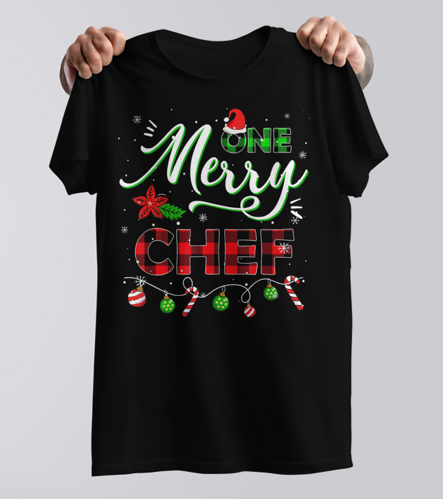 One Merry Chef Christmas Lights Santa Hat Red Plaid Candy Cane T-Shirt
