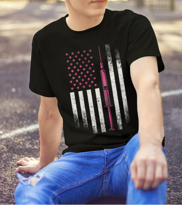 Nurse RN LPN Pink American Flag Syringe T-Shirt