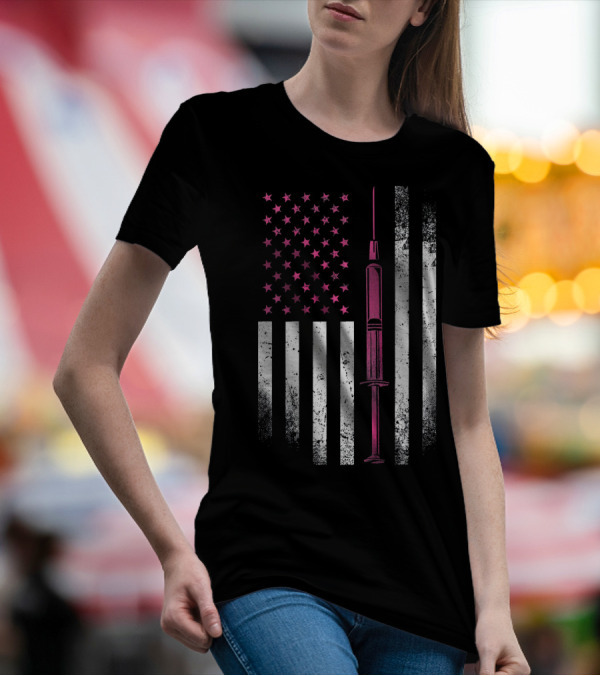 Nurse RN LPN Pink American Flag Syringe T-Shirt