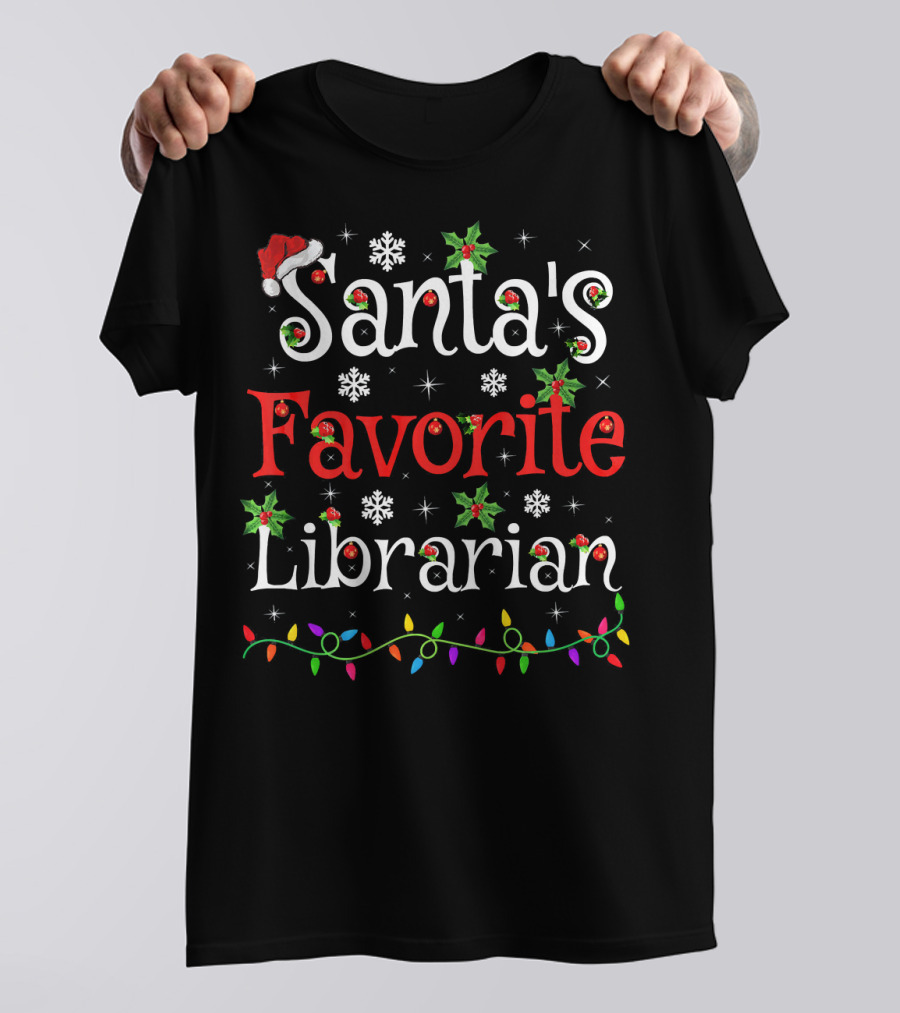 Santa's Favorite Librarian Christmas Lights Holly Snowflakes T-Shirt
