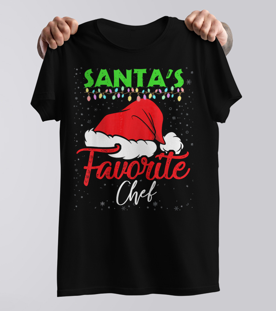 Santa's Favorite Chef Merry Christmas Hat Lights Snowflakes T-Shirt