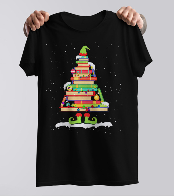 Merry Bookmas Book Stack Christmas Tree With Elf Hat And Shoes T-Shirt