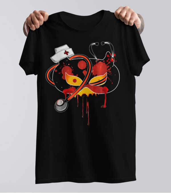 Nurse Doctor Halloween Scary Pumpkin With Stethoscope And Nurse Hat T-Shirt