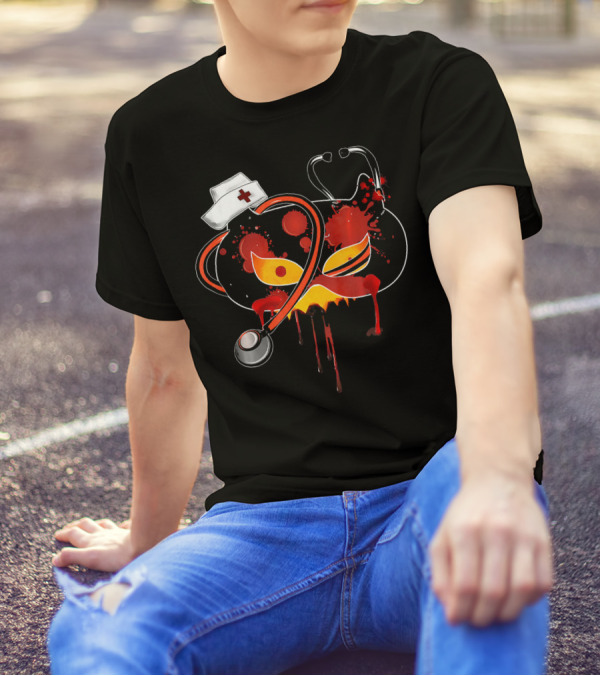 Nurse Doctor Halloween Scary Pumpkin With Stethoscope And Nurse Hat T-Shirt