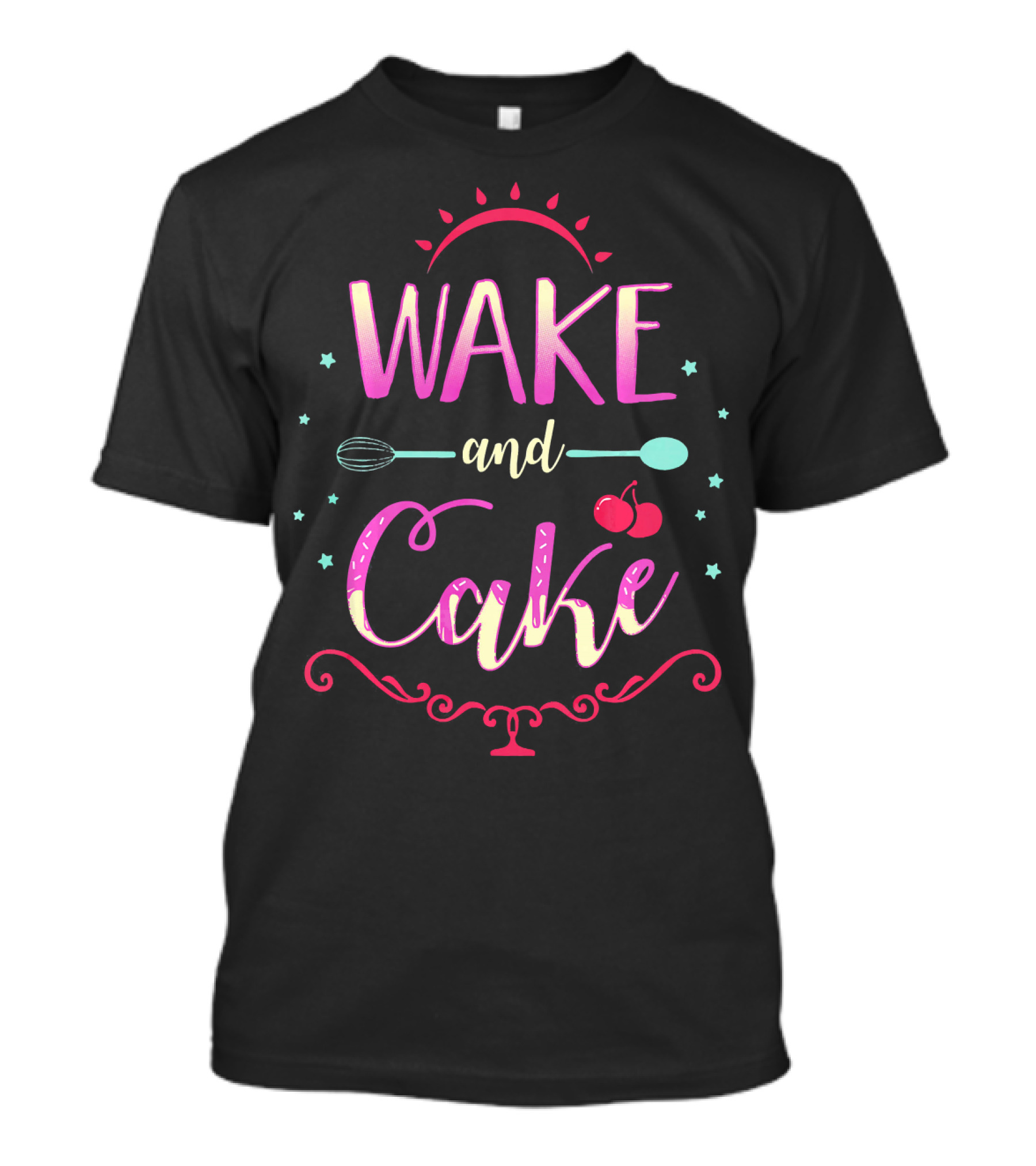 Wake And Cake Pastry Chef Whisk And Spoon Cherries Stars T-Shirt