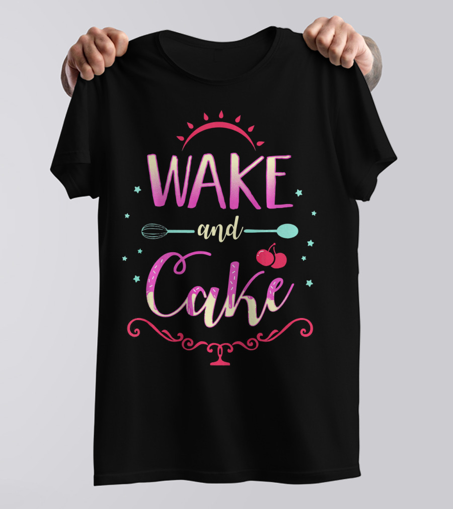 Wake And Cake Pastry Chef Whisk And Spoon Cherries Stars T-Shirt