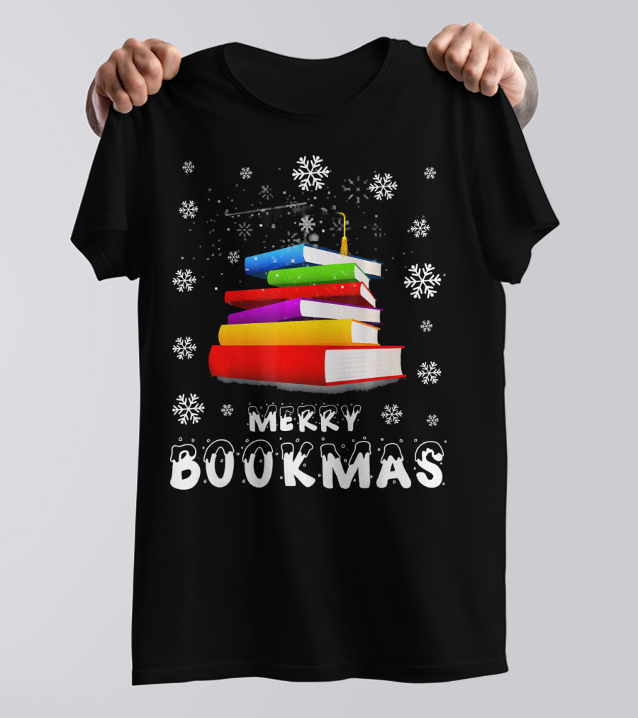 Merry Bookmas Cool Reading Stacked Colorful Books Snowflakes T-Shirt