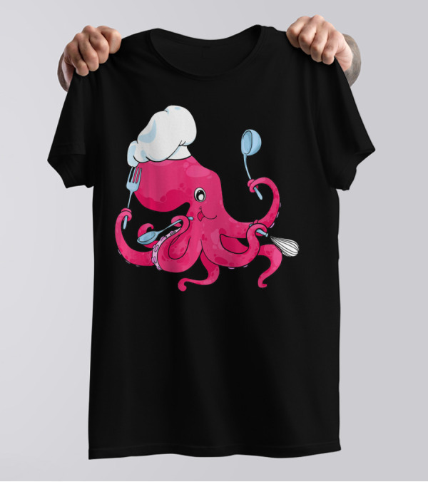 Master Chef Octopus With Hat Holding Cooking Utensils T-Shirt