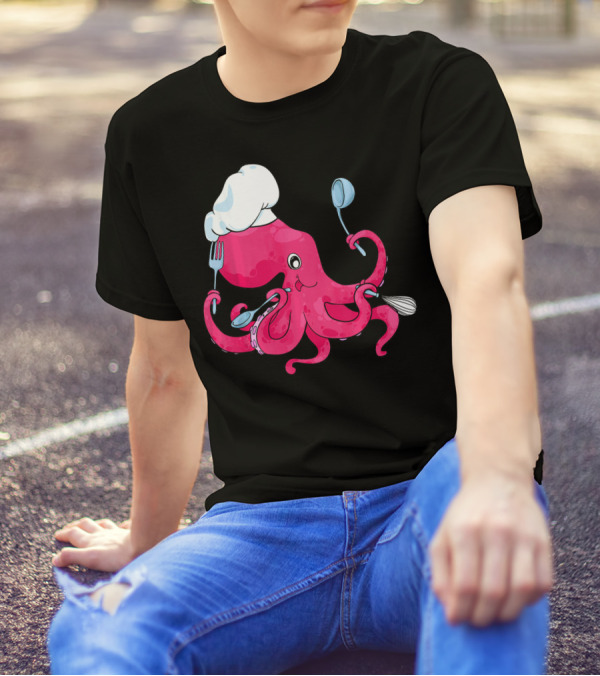 Master Chef Octopus With Hat Holding Cooking Utensils T-Shirt