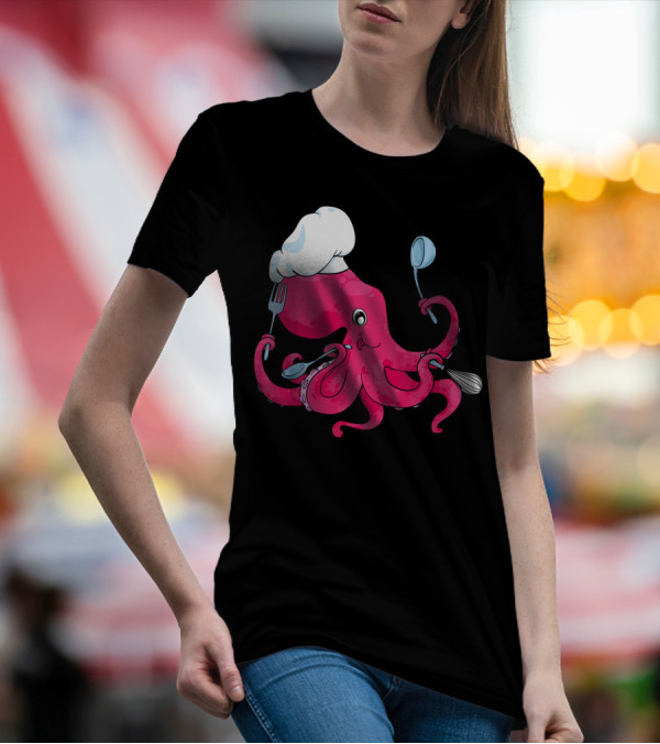 Master Chef Octopus With Hat Holding Cooking Utensils T-Shirt