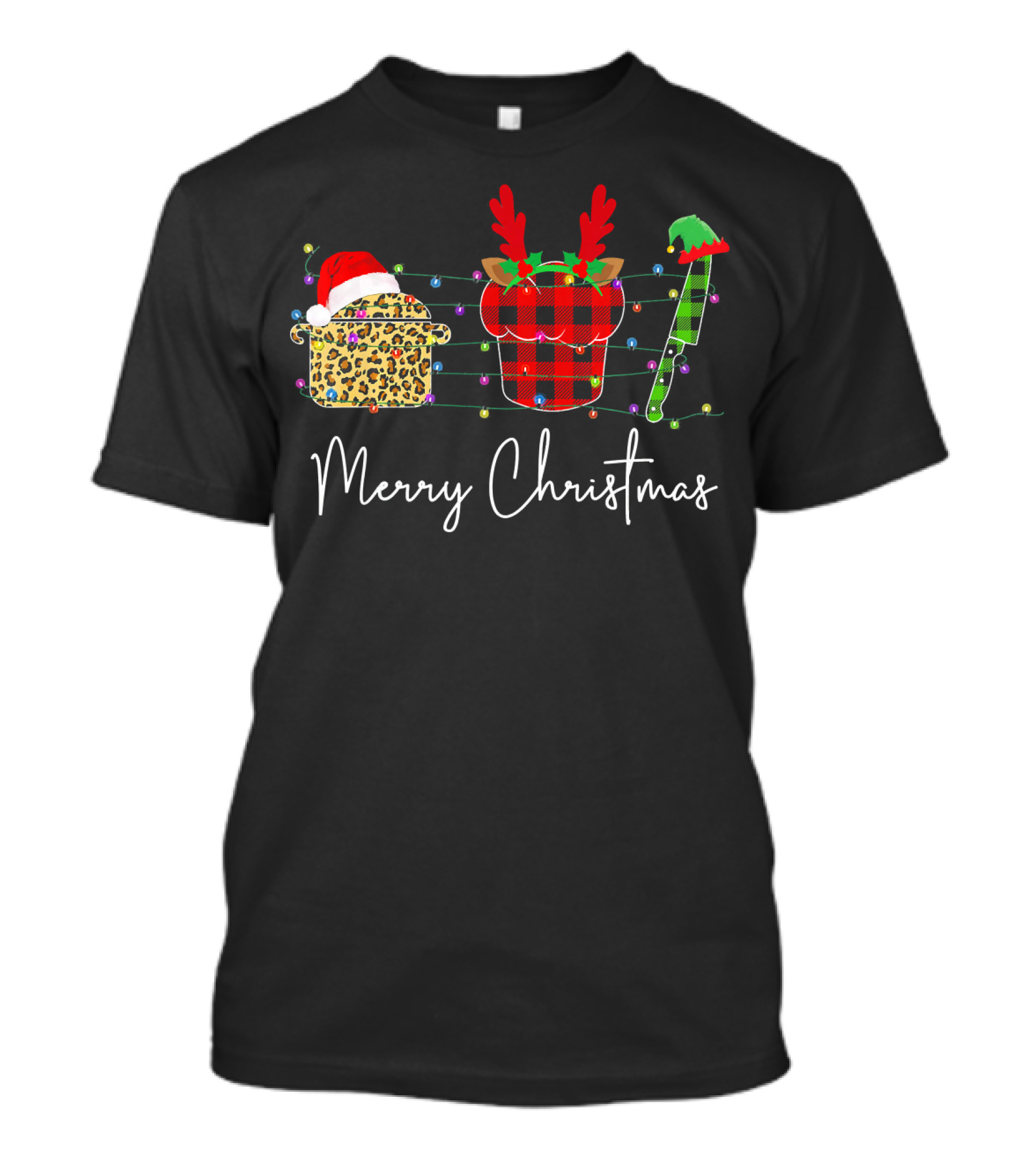 Merry Christmas Chef Santa Hat Reindeer Lights Buffalo Plaid And Leopard Print T-Shirt