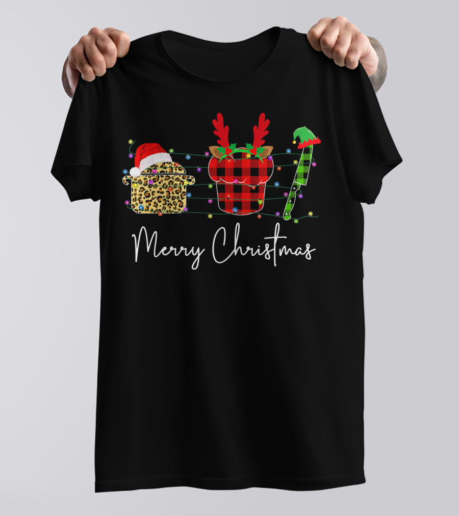 Merry Christmas Chef Santa Hat Reindeer Lights Buffalo Plaid And Leopard Print T-Shirt