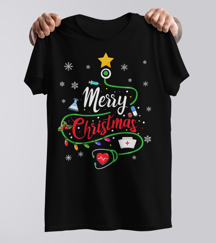 Merry Christmas Nurse Doctor Stethoscope Medical Tree T-Shirt