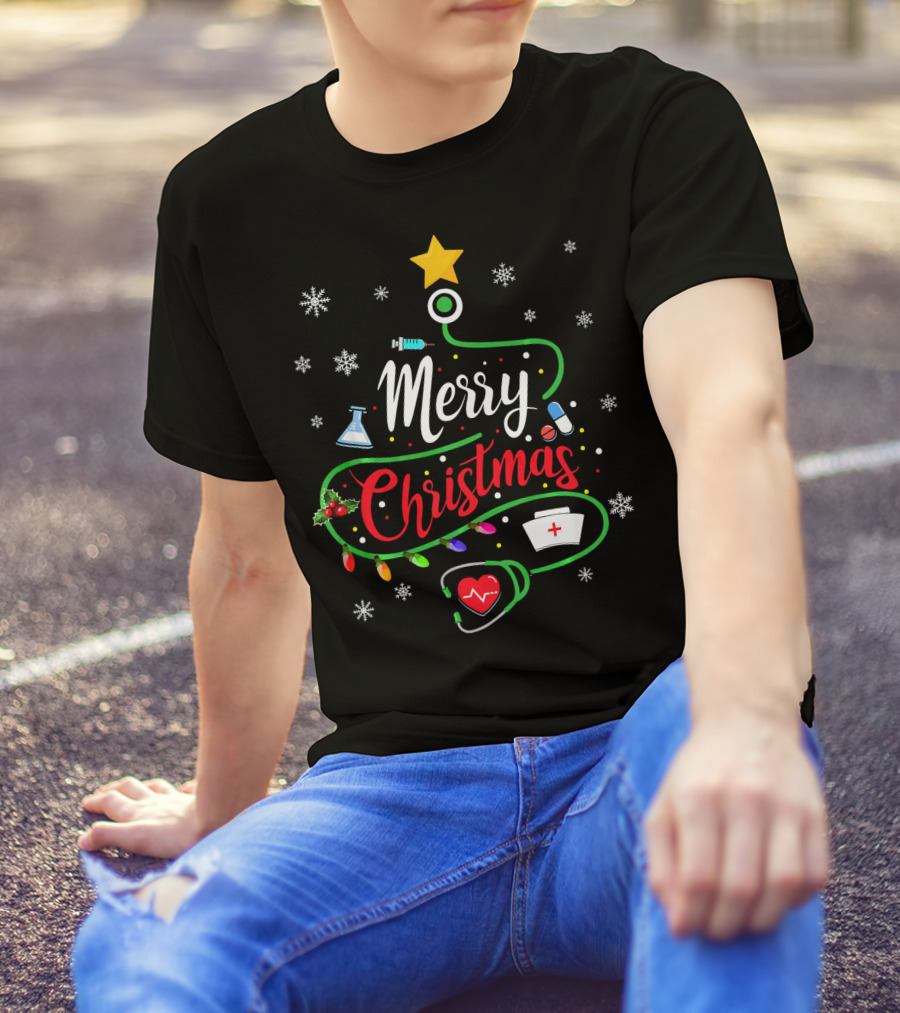 Merry Christmas Nurse Doctor Stethoscope Medical Tree T-Shirt