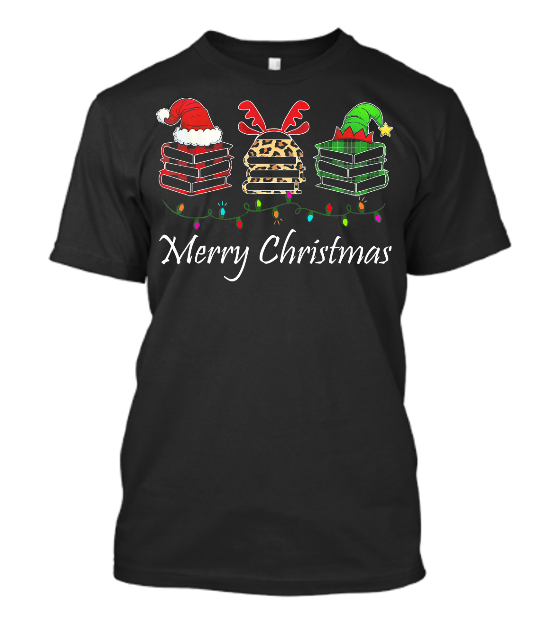 Merry Christmas Librarian Santa Reindeer Elf Books And Lights T-Shirt