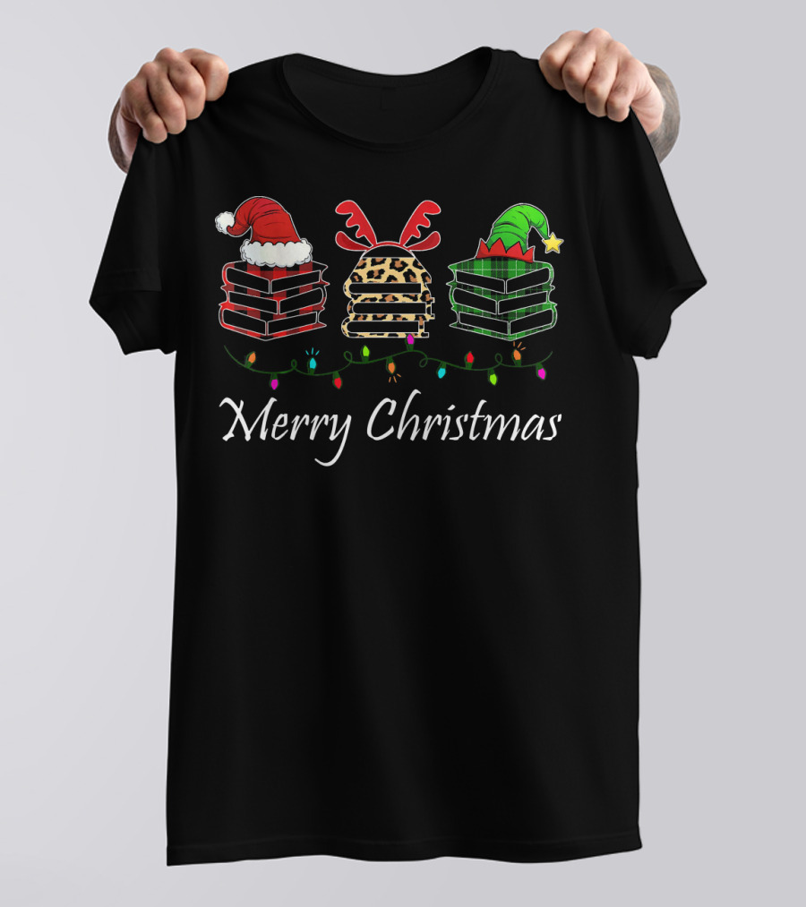 Merry Christmas Librarian Santa Reindeer Elf Books And Lights T-Shirt