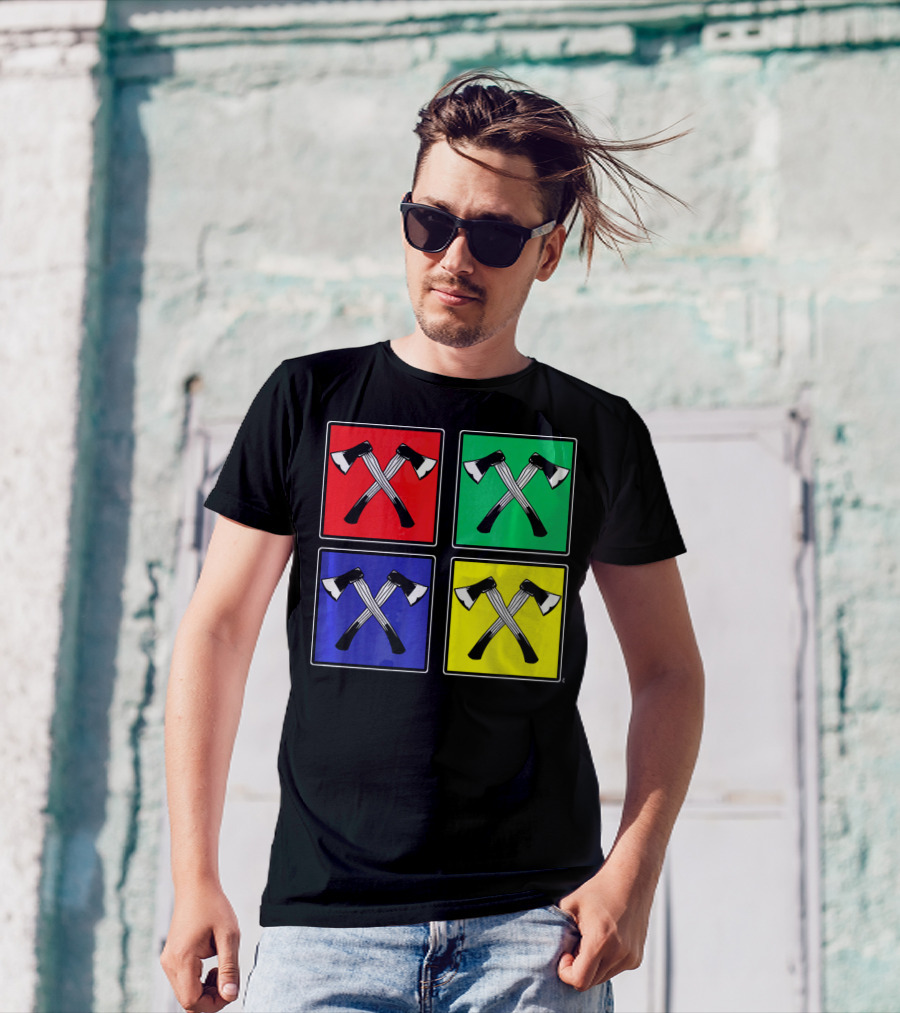 Retro Pop Art Lumberjack Axes Four Square Colors T-Shirt