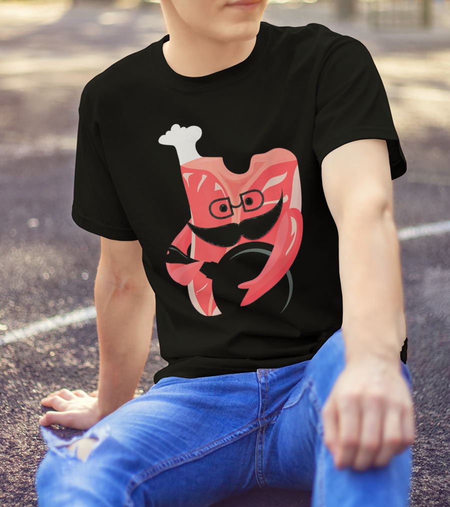Meat Chef Bone Beef Steak With Mustache And Glasses Holding Plate T-Shirt