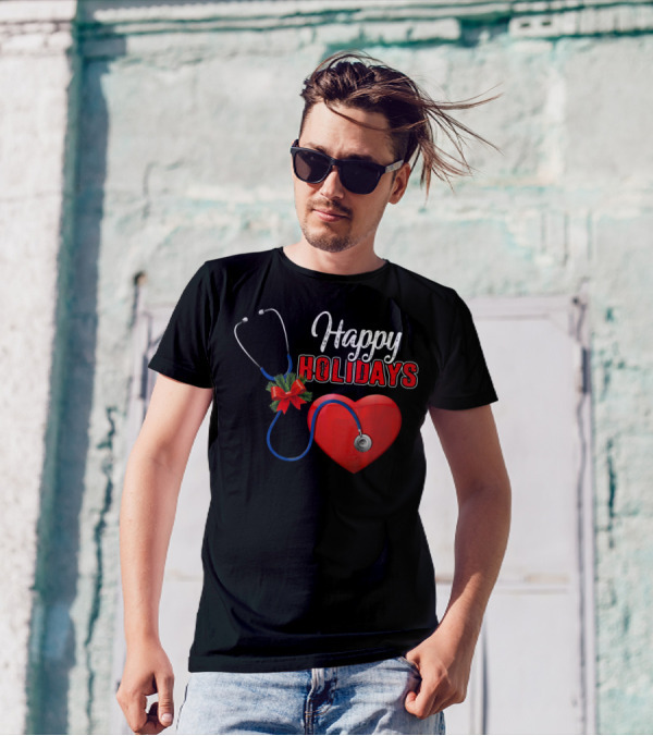 Happy Holidays Nurse Doctor Merry Christmas Heart Stethoscope T-Shirt