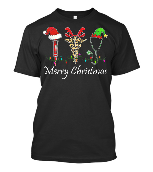 Merry Christmas Doctor Medical Syringe Caduceus Stethoscope Holiday Lights T-Shirt