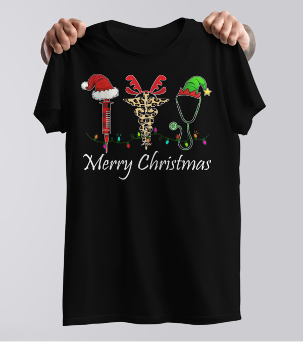 Merry Christmas Doctor Medical Syringe Caduceus Stethoscope Holiday Lights T-Shirt