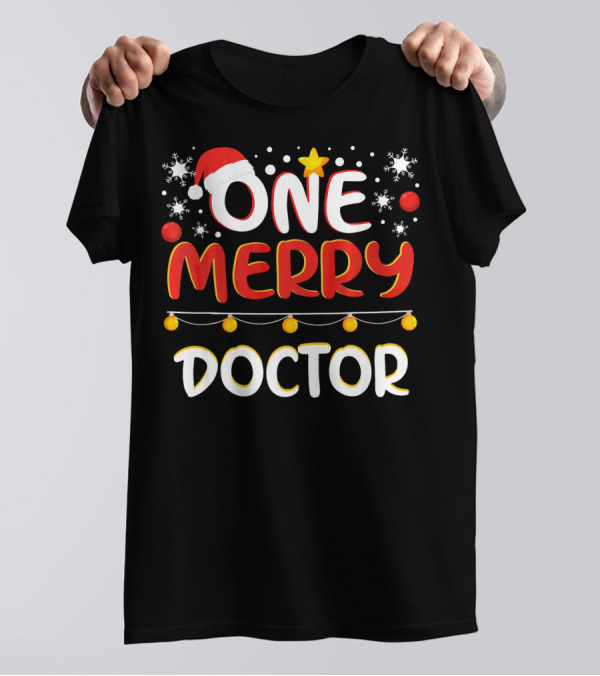 ONE MERRY DOCTOR Santa Hat Snowflakes Ornaments T-Shirt