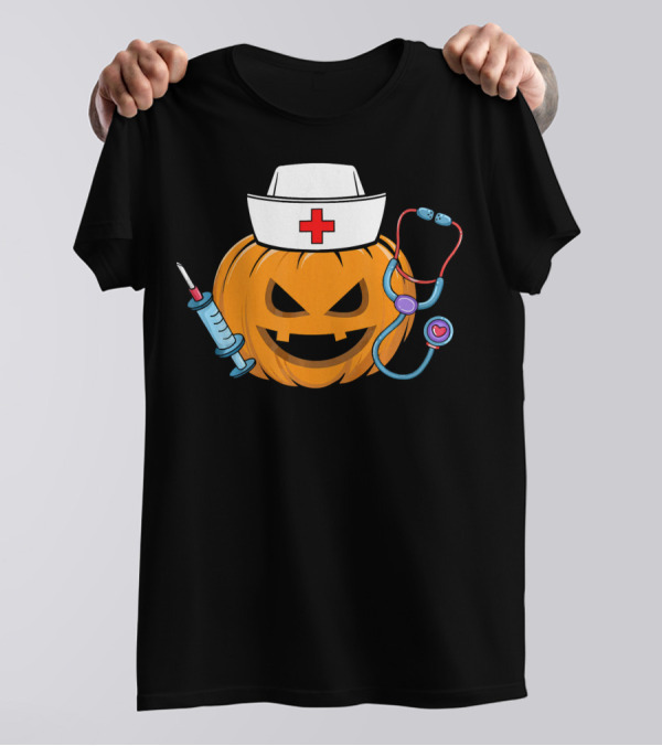 Nurse Doctor Pumpkin With Syringe And Stethoscope Halloween Humor T-Shirt