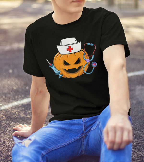 Nurse Doctor Pumpkin With Syringe And Stethoscope Halloween Humor T-Shirt