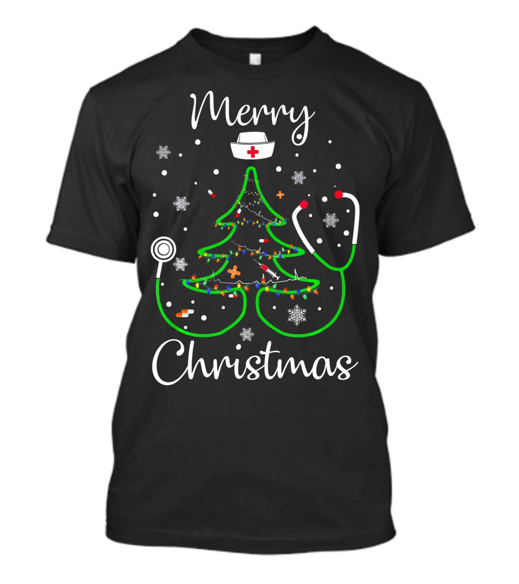 Merry Christmas Nurse Doctor Life Christmas Tree Stethoscope Snowflakes T-Shirt