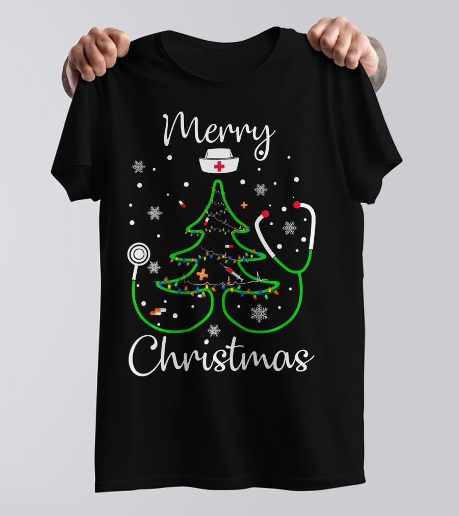Merry Christmas Nurse Doctor Life Christmas Tree Stethoscope Snowflakes T-Shirt