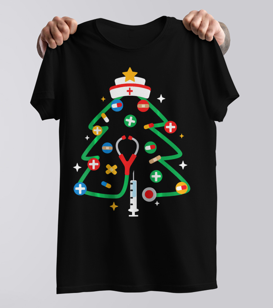 Nurse Christmas Tree Stethoscope Syringe Medical Ornaments T-Shirt