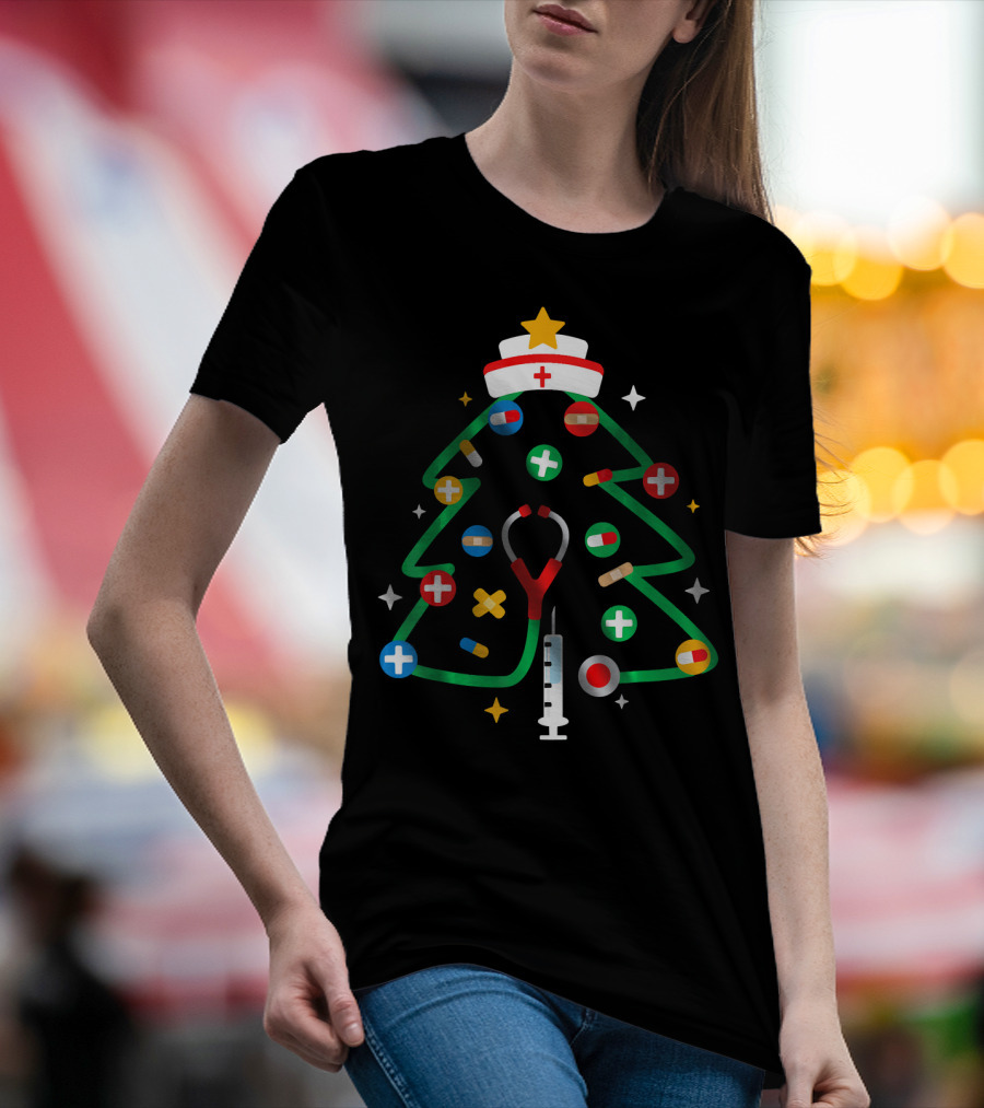 Nurse Christmas Tree Stethoscope Syringe Medical Ornaments T-Shirt