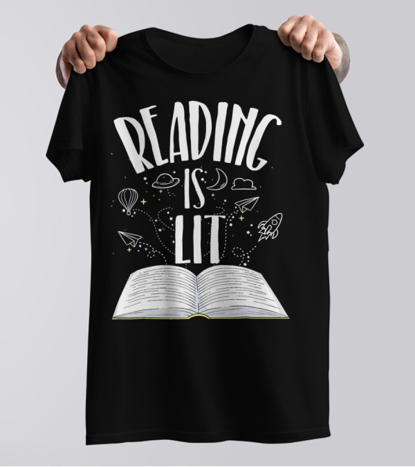 Reading Is Lit Book With Stars And Rocket Fun For Librarians T-Shirt