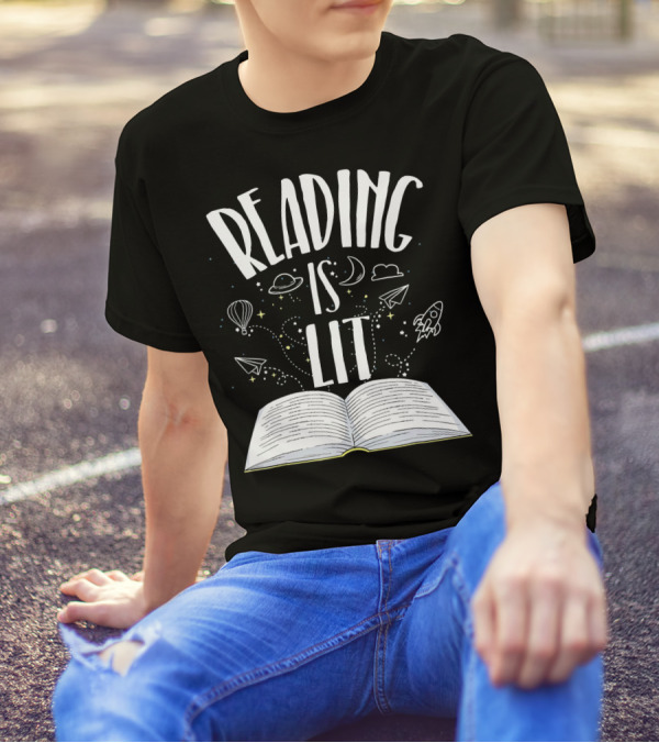 Reading Is Lit Book With Stars And Rocket Fun For Librarians T-Shirt
