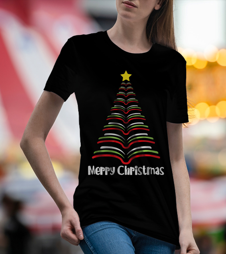 Merry Christmas Librarian Christmas Tree Reading Books T-Shirt
