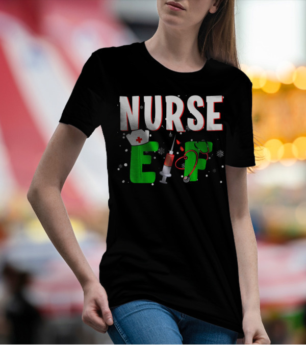 Nurse Elf Christmas Syringe Stethoscope Snowflakes Holiday Humor T-Shirt