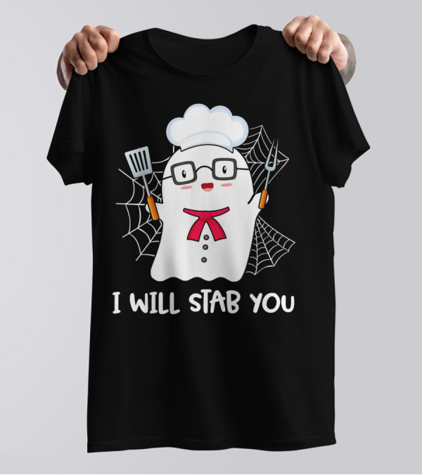 Mens I Will Stab You Chef Ghost Halloween Costume T-Shirt